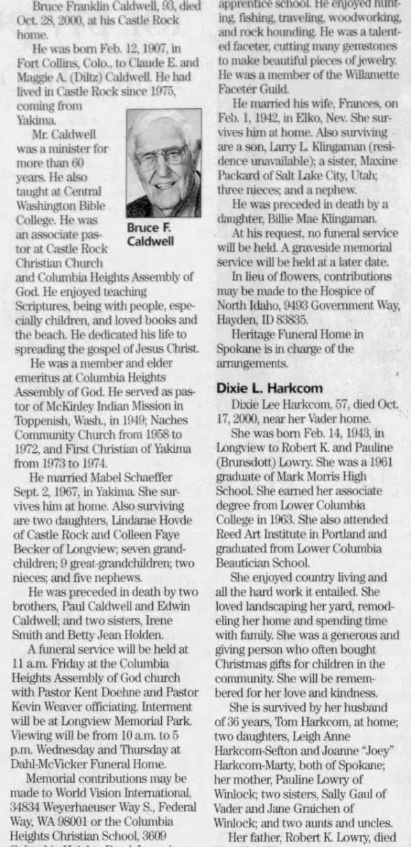 Obituary for Bruce Franklin Caldwell, 1907-2000 (Aged 57)